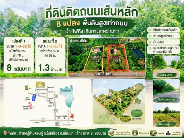 ที่ดินรูปแปลงสวย 2แปลง พื้นดินสูงเท่าถนน ติดถนนเส้นหลัก น้ำ-ไฟถึง บรรยากาศดีมาก ใกล้แหล่งท่องเที่ยว อ.เวียงเก่า ขอนแก่น