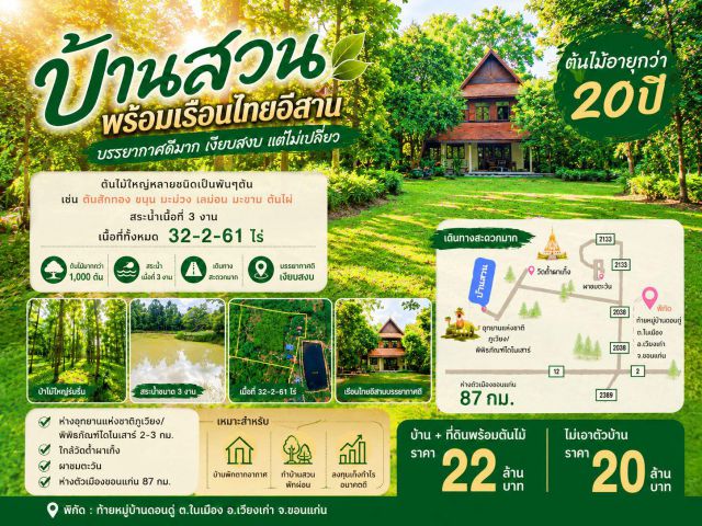 บ้านสวนพร้อมเรือนไทยอิสาน ต้นไม้ใหญ่กว่าพันต้นอายุเกือบ 20ปี ติดบึงหนองดู่แค่ถนนกั้น เงียบสงบ บรรยากาศดีมาก ใกล้แหล่งท่อ