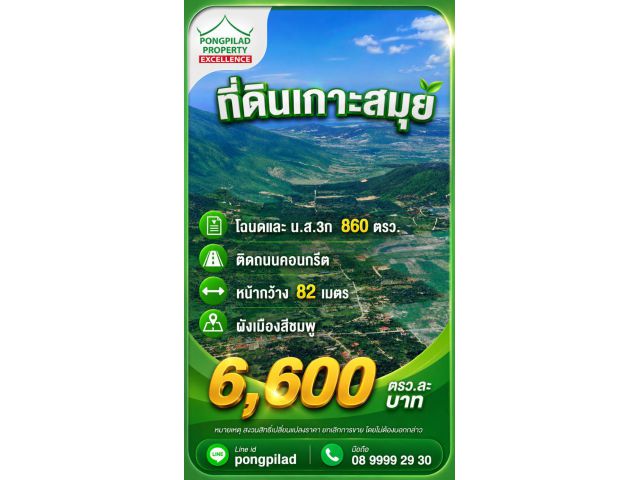 ขายที่ดินเกาะสมุย โฉนด น.ส.3ก 2 ไร่ 60 ตรว.ติดถนนคอนกรีต ผังชมพู