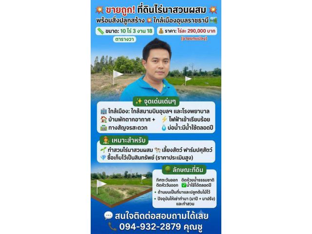 ขายถูก! ที่ดินไร่นาสวนผสม พร้อมสิ่งปลูกสร้าง ใกล้เมืองอุบลราชธานี