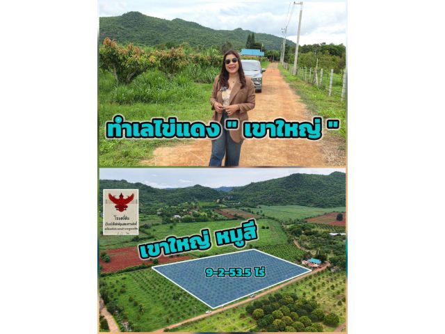 ที่ดินโฉนดหมูสี เขาใหญ่ 9 ไร่เศษ โฉนดครุฑแดง หน้ากว้าง 132 ม. วิวเขาพาโนรามา