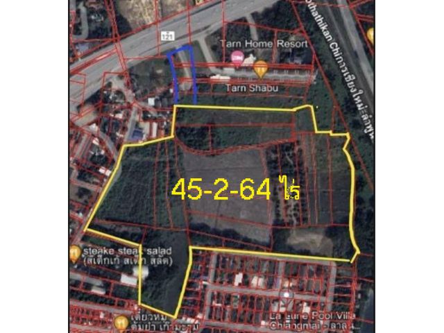 L674-ขายที่ดินผังเหลือง ใกล้สี่แยกกองทราย 45ไร่ครึ่ง เชียงใหม่ สารภี หนองผึ้ง