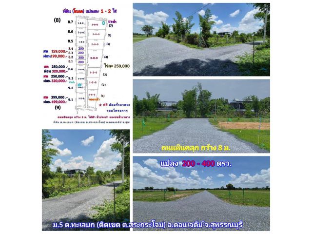 (โฉนด) ที่ดิน 200 ตรว. (ขาย 159,000 บ.) เงินสดและผ่อน ติดถนนหินคลุก กว้าง 8 ม.ไฟฟ้า น้ำประปา (ติดเขต ต.สระกระโจม) ต.ทะเลบก อ.ดอนเจดีย์ จ.สุพรรณบุรี