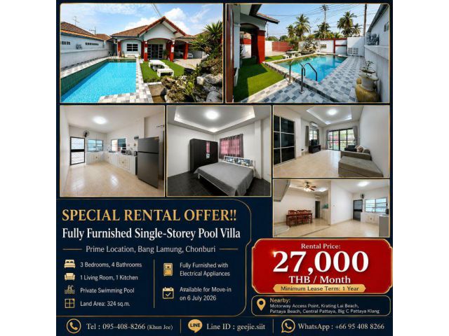 SPECIAL RENTAL OFFER!! Fully Furnished Single-Storey Pool Villa in a Prime Location, Bang Lamung, Chonburi