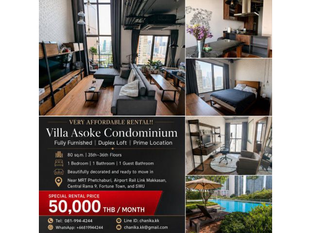Very affordable rental!! Villa Asoke Condominium, Fully furnished close to the BTS/MRT, Central, and SWU.