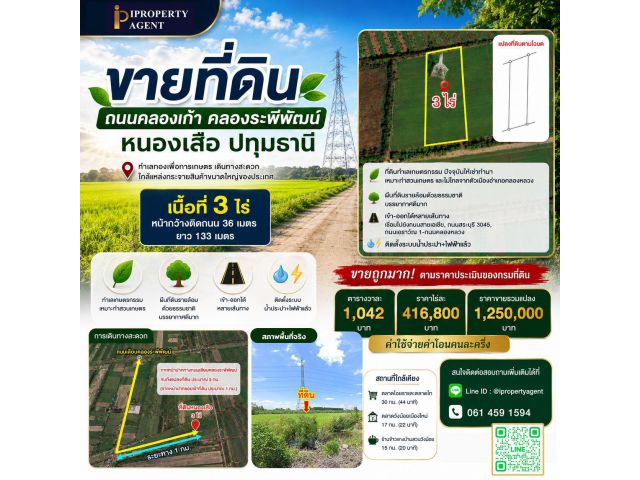 ขายที่ดิน ถนนคลองเก้า คลองระพีพัฒน์ หนองเสือ ปทุมธานี