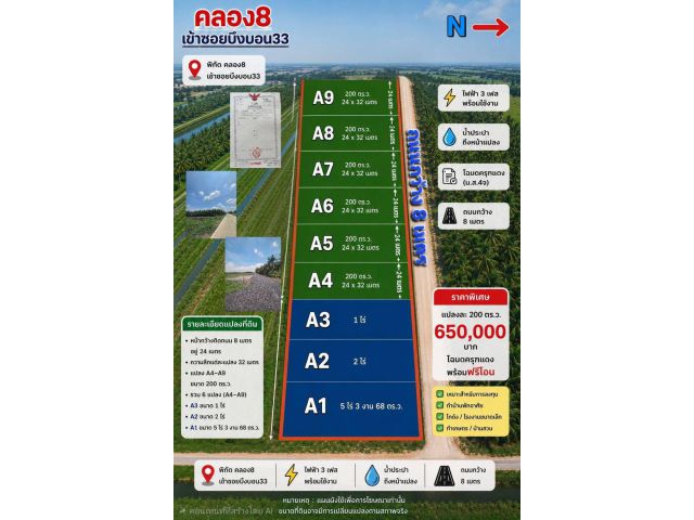#เข้าใหม่คลอง8 200ตรว.เจ้าของร้อนมาก ถนน 8 เมตร ไฟฟ้า น้ำประปาทำให้ครบเข้าซอยบึงบอน33 สุดซอย เลี้ยวขวา 200เมตร