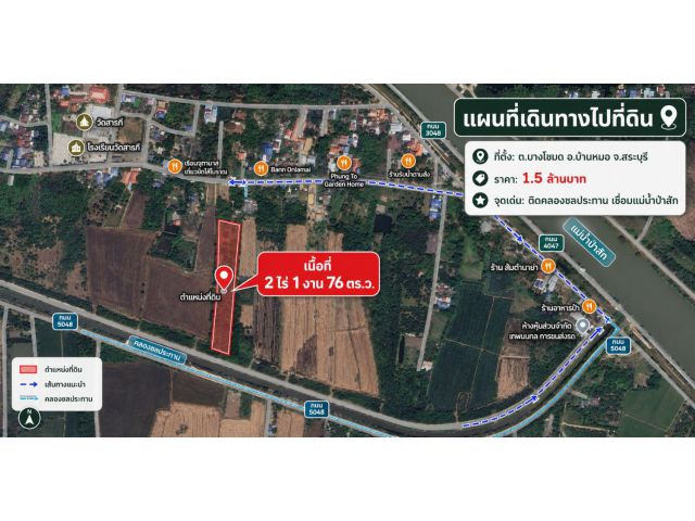 ขายที่ดินติดคลองชลประทาน ต.บางโขมด อ.บ้านหมอ จ.สระบุรี