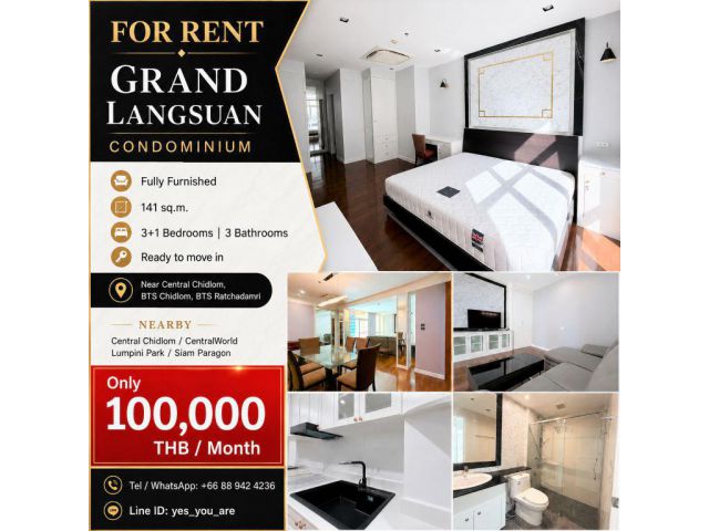 For Rent - Grand Langsuan Condominium Fully Furnished near Central Chidlom, BTS Chidlom, BTS Ratchadamri.