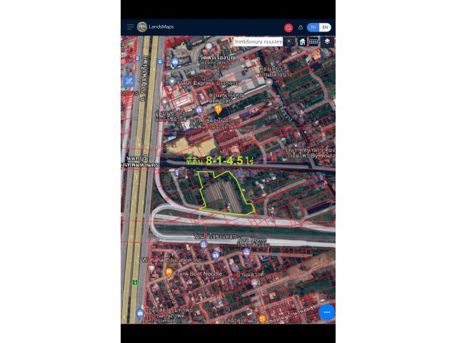 ขายที่ดินเนื้อที่ 8-1-4.5 ไร่ ติดถนนทางด่วนศรีรัช(กาญจนาภิเษก) ด้านหลังริมน้ำติดคลองมหาสวัสดิ์