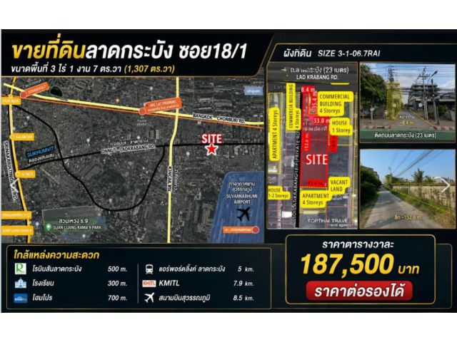 ขายที่ดินลาดกระบัง ซอย18/1 ขนาดพื้นที่ 3 ไร่ 1 งาน 7 ตร.วา