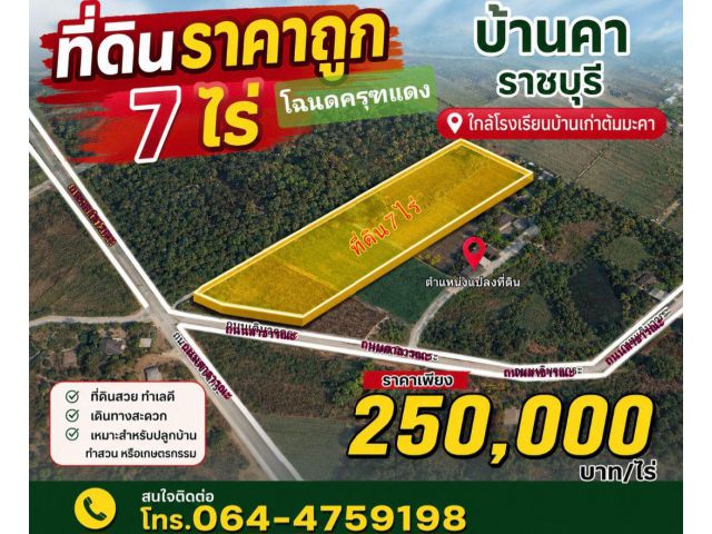 ที่ดินราชบุรีบ้านคาราคาถูก เนื้อที่ 7 ไร่ เหมาะอยู่อาศัยทำการเกษตรหรือกิจกรรมอื่นๆ