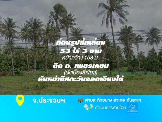 ที่ดินทำเลทอง 53 ไร่ 3 งาน (หน้ากว้าง 153 ม.) ติด ถ.เพชรเกษม ผังเมืองสีเขียว ตรงข้ามหาดวนกร อ.ทับสะแก จ.ประจวบคีรีขันธ์