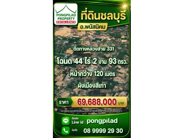 ขายที่ดินพนัสนิคม 44 ไร่ 2 งาน 93 ตรว.ติดทางหลวงสาย 331 และซอย