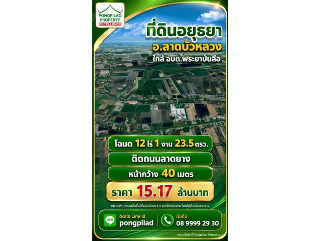ขายที่ดินอยุธยา ลาดบัวหลวง ใกล้โรงงาน 12 ไร่ 1 งาน 23.5 ตรว.ติดถนน