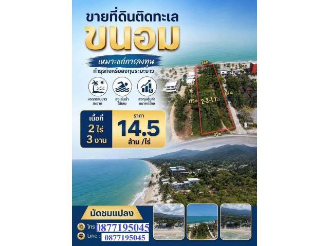 ขายที่ดินติดชายหาดขนอมโฉนด2ไร่3งาน 1.1ตร.วาติดชายหาด36เมตร ขาย 29,000,000 ติดต่อ0877195045