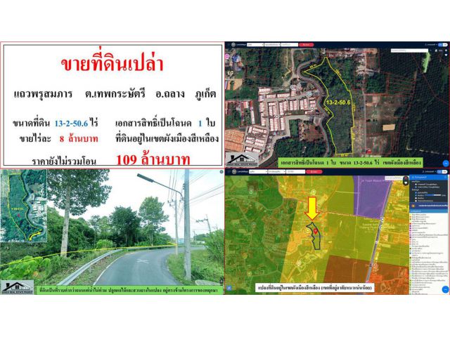 ขายที่ดินเปล่า ขนาด 13-2-50.6 ไร่ แถวพรุสมภาร ต.เทพกระษัตรี อ.ถลาง ภูเก็ต