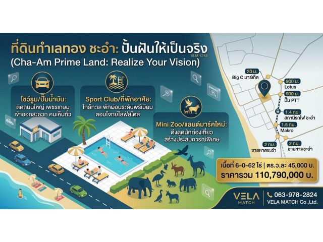 ขายที่ดิน ติดถนนเพชรเกษม ชะอำ ทำเลศักยภาพ ใกล้ชายหาด เนื้อที่ 6-0-62 ไร่