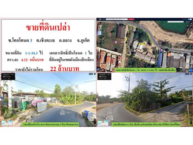 **ขายที่ดินเปล่า ซ.โคกโตนด 3 ขนาด 1-1-34.3 ไร่ ต.เชิงทะเล อ.ถลาง ภูเก็ต