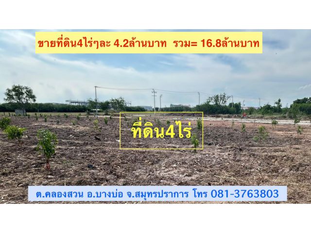 ขายที่ดิน4ไร่ๆละ4.2ล้านบาท *ที่ดินถมแล้ว *ติดนิคมเอเชียสุวรรณภูมิ ต.คลองสวน อ.บางบ่อ จ.สมุทรปราการ โทร 0813763803