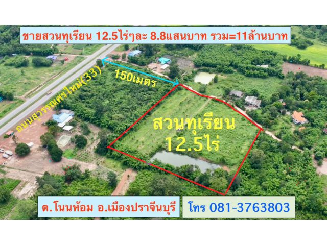 ขายสวนทุเรียน 12.5ไร่ๆละ8.8แสนบาท ทุเรียนให้ผลผลิตแล้ว ใกล้ถนนสุวรรณศรตัดใหม่ อ.เมือง จ.ปราจีนบุรี โทร 0813763803