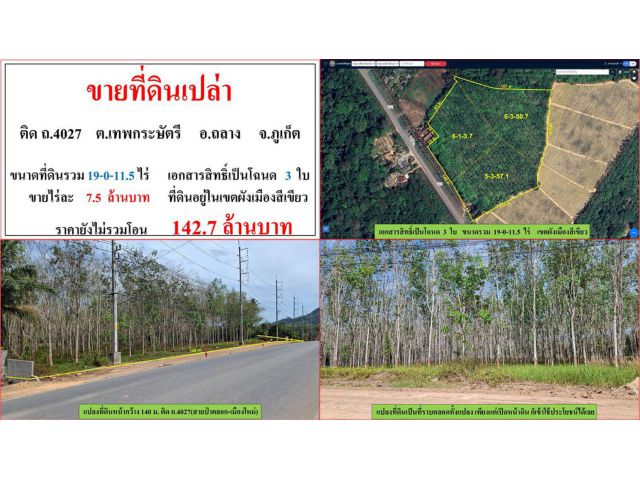 ขายที่ดินเปล่า ขนาด 19-0-11.5 ไร่ ติด ถ.4027 ต.เทพกระษัตรี อ.ถลาง ภูเก็ต