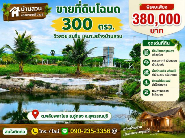 ขายที่ดิน300ตรว สไตร์บ้านสวน ต.พลับพลาไชย อ.อู่ทอง จ.สุพรรณบุรี