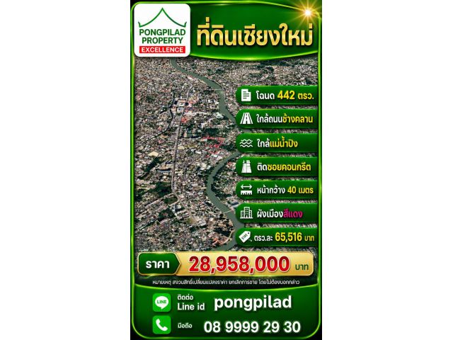 ขายที่ดินเชียงใหม่ โฉนด 442 ตรว.ใกล้ถนนช้างคลาน แม่น้ำปิง ในซอย