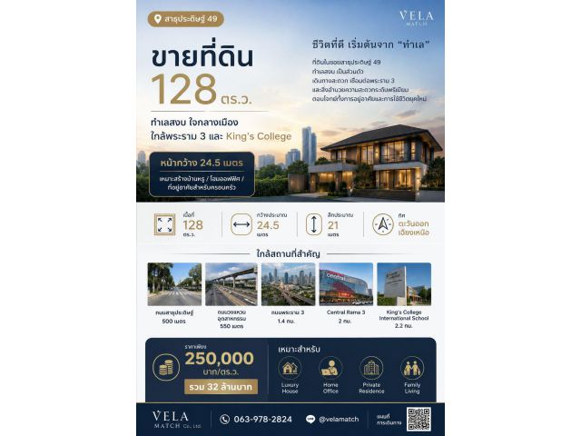 ขายที่ดิน 128 ตร.ว. สาธุประดิษฐ์ 49 หน้ากว้าง 24.5 เมตร ทำเลสงบ ใกล้พระราม 3 และ King’s College