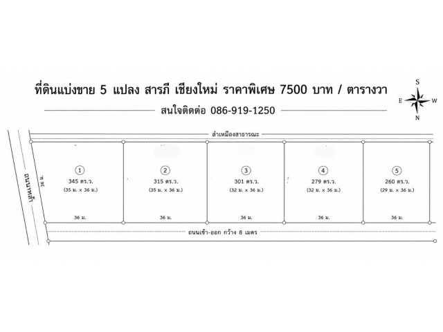 ที่ดินแบ่งขาย 5 แปลง อำเภอสารภีจังหวัดเชียงใหม่ 7,500 บาท/ตารางวา โทร.086-919-1250