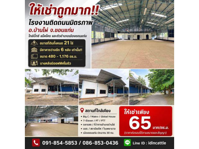 ให้เช่าถูกมาก!! โรงงานติดถนนมิตรภาพ อ.บ้านไผ่ จ.ขอนแก่น ใกล้บิ๊กซี แม็คโคร และตัวอำเภอเมืองขอนแก่น