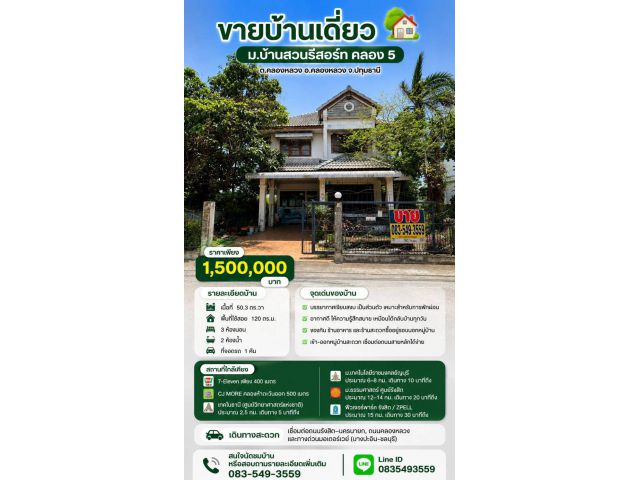 ขายบ้านเดี่ยว 50.3วา ใกล้ม.ธรรมศาสตร์ ทางด่วนมอเตอร์เวย์ ทำเลดี วิวธรรมชาติ คลอง5 คลองหลวง ปทุมธานี