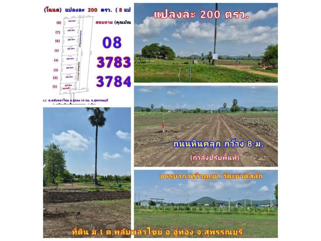 (โฉนด) ที่ดินแบ่ง 200 ตรว.ละ 1,600 บ.(พร้อมรั้ว 4 ด้าน) บรรยากาศวิวเขาดีสลัก ถนนหินคลุก ไฟฟ้า น้ำประปา ม.1 ต.พลับพลาไชย อ.อู่ทอง จ.สุพรรณบุรี