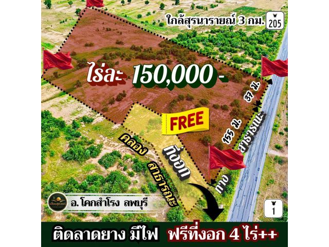 ที่โคกสำโรง ลพบุรีไร่ละ 150,000ติดลาดยาง มีไฟ ใกล้ ถ.205 พหล และบายพาสสายใหม่ ขายยก 28 ไร่กว่า แถมที่งอกฟรีๆ 4 ไร่