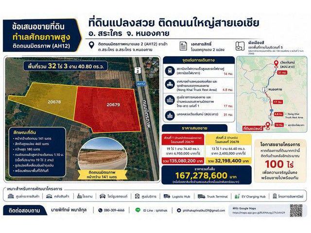 ขายที่ดินศักยภาพสูง 32 ไร่ 3 งาน 40.80 ตารางวา ติดถนนมิตรภาพ (AH12) ตำบลสระใคร อำเภอสระใคร จังหวัดหนองคาย