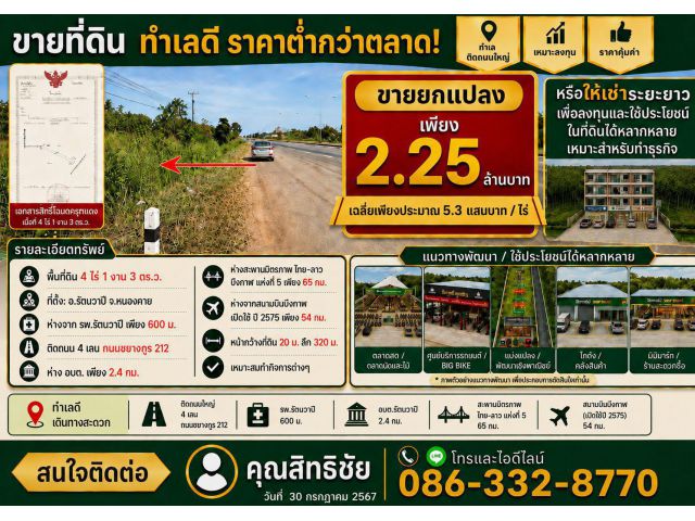ขายที่ดิน อ.รัตนวาปี จ หนองคาย ติดถนน 4 เลน ถ. ชยางกรู 212 ห่างจาก รพ รัตนวาปี 650 ม