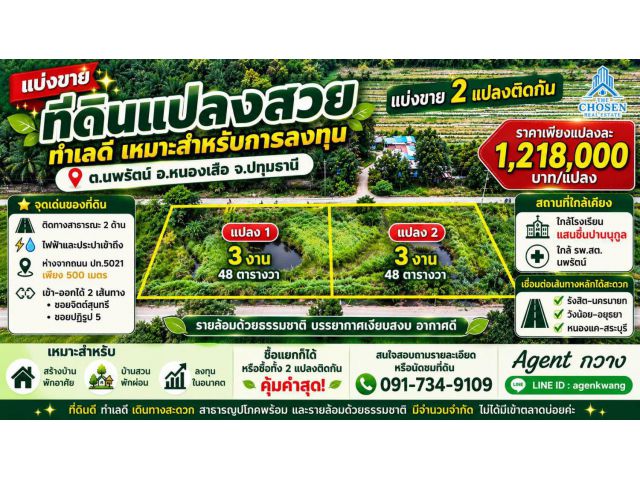 แบ่งขายที่ดินแปลงสวย2 แปลง แปลงละ 3 งาน 48 ตารางวา  ทำเลดี ตำบลนพรัตน์ อำเภอหนองเสือ จังหวัดปทุมธานี
