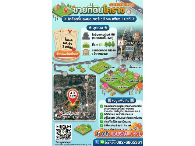 ขายที่ดินโคราช ใกล้จุดขึ้นลงมอเตอร์เวย์ M6 เพียง 7 นาที