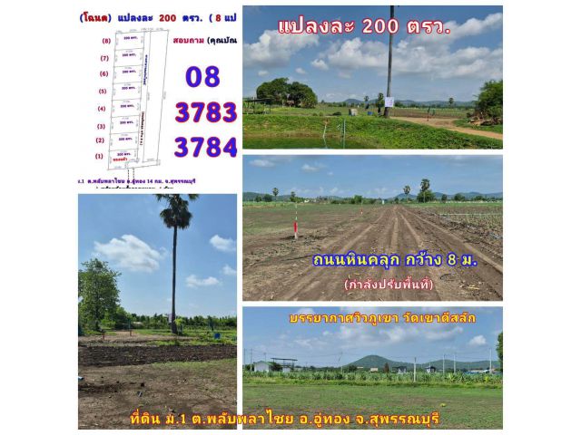 (โฉนด) ที่ดินแบ่ง 200 ตรว.ละ 1,600 บ.(พร้อมรั้ว 4 ด้าน) บรรยากาศวิวเขาดีสลัก ถนนหินคลุก ไฟฟ้า น้ำประปา ม.1 ต.พลับพลาไชย อ.อู่ทอง จ.สุพรรณบุรี