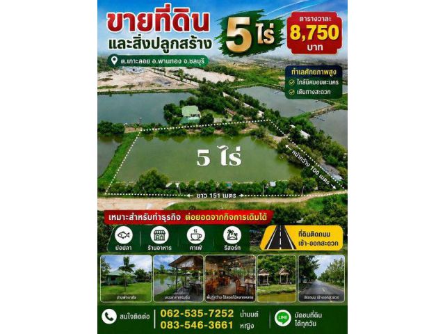 ขายที่ดินพร้อมสิ่งปลูกสร้าง ขนาด 5 ไร่ ต.เกาะลอย อ.พานทอง จ.ชลบุรี