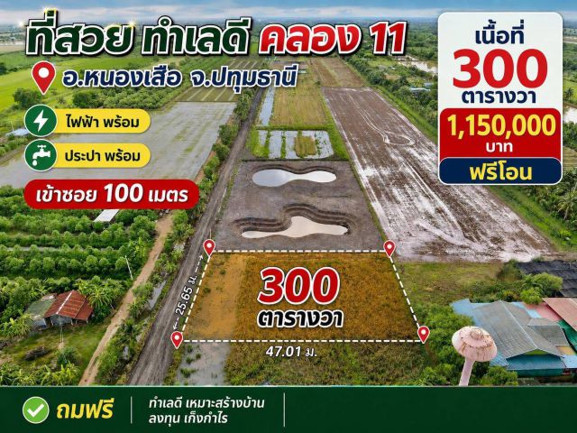 ️ที่ดินทำเลดีเหมาะทำบ้านสวน โกดัง คลอง 11 อ.หนองเสือ จ.ปทุมธานี เนื้อ 300 ตารางวา ราคา 1,150,000 บาท ️สถานที่ใกล้เคียง️