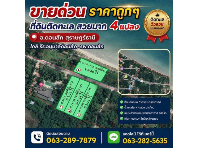 ขายด่วน ราคาถูกๆ ที่ดินติดทะเล สวยมาก 4 แปลง อ.ดอนสัก สุราษฎร์ธานี ใกล้ รร.อนุบาลดอนสัก, รพ.ดอนสัก โทร 0632897879