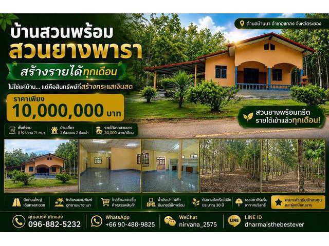 บ้านสวน พร้อมสวนยางพารา สร้างรายได้ทุกเดือน บนพื้นที่เกือบ 9 ไร่ จังหวัดระยอง