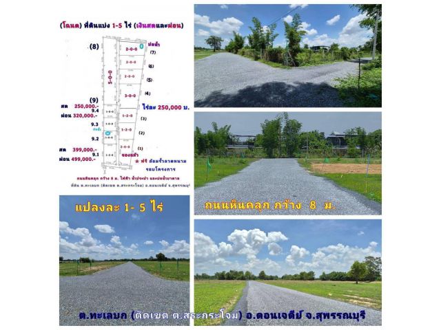 (โฉนด) ที่ดินแบ่ง 5-10 ไร่ๆละ 220,000 บ. (เหมาะทำไร่นา สวนผสม) ถนนหินคลุก 8 ม. ไฟฟ้า น้ำประปา ต.ทะเลบก (ติดเขต ต.สระกระโจม) อ.ดอนเจดีย์ จ.สุพรรณบุรี