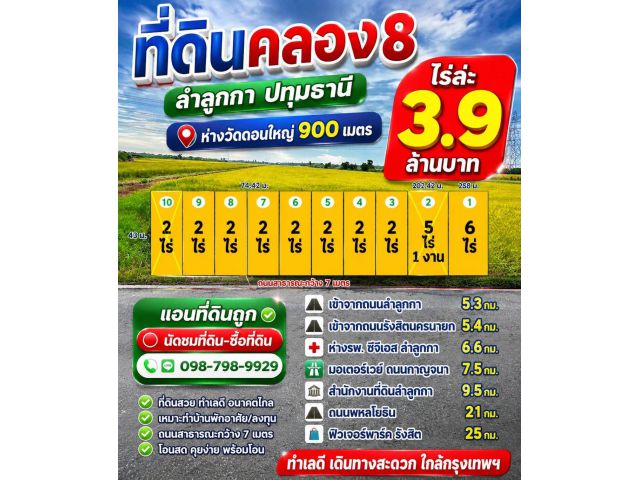 #ที่ดินคลอง8 ลำลูกกา ปทุมธานี (ห่างวัดดอนใหญ่ 900 เมตร) ไร่ล่ะ 3.9 ล้านบาท