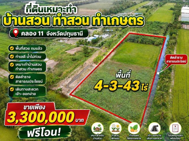 ที่ดินเหมาะสำหรับทำบ้าน ทำสวนและการเกษตร คลอง 11   คลอง 11 อ.หนองเสือ จ.ปทุมธานี  เนื้อที่ 4-3-43 ไร่