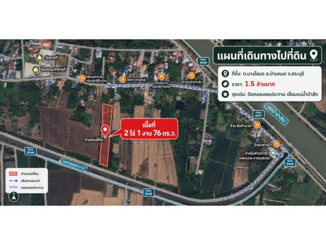 ขายที่ดินติดคลองชลประทาน ต.บางโขมด อ.บ้านหมอ จ.สระบุรี