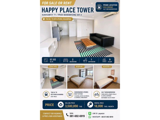 FOR SALE OR RENT: Happy Place Tower (Sukhumvit 71 / Pridi Banomyong Soi 2)
