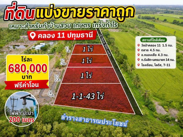 ️ ที่ดินเหมาะสำหรับทำบ้าน ทำสวนและการเกษตร คลอง 11 คลอง 11 อ.หนองเสือ จ.ปทุมธานี เนื้อที่ 1 ไร่ ขายไร่ละ 680,000 บาท