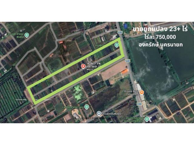 ขายที่ดินองครักษ์ คลอง 15 เนื้อที่ 23 ไร่ ติดถนน ใกล้สนามกอล์ฟ ไร่ละ 750,000 บาท